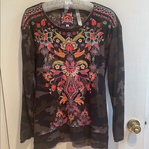 JohnnyWas Camo print Floral Embroidered Women's Top S